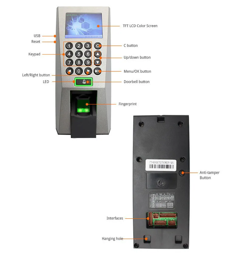 2.4inch Standalone Door Access Control System TCP/IP 3000 User Fingerprint Biometric Time Attendance Access Control Controller