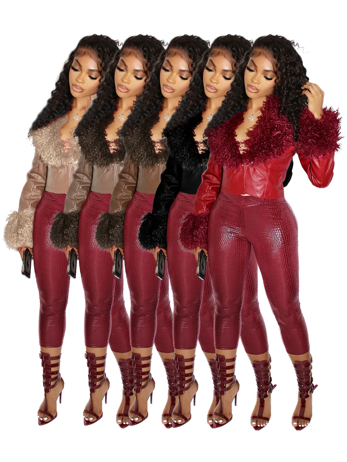 Women Jacket Autumn Winter Fashion Plush Collar Pu Leather Crop Jackets Streetwear  Buckle Cardigan Cinched Waist Leather  Coat