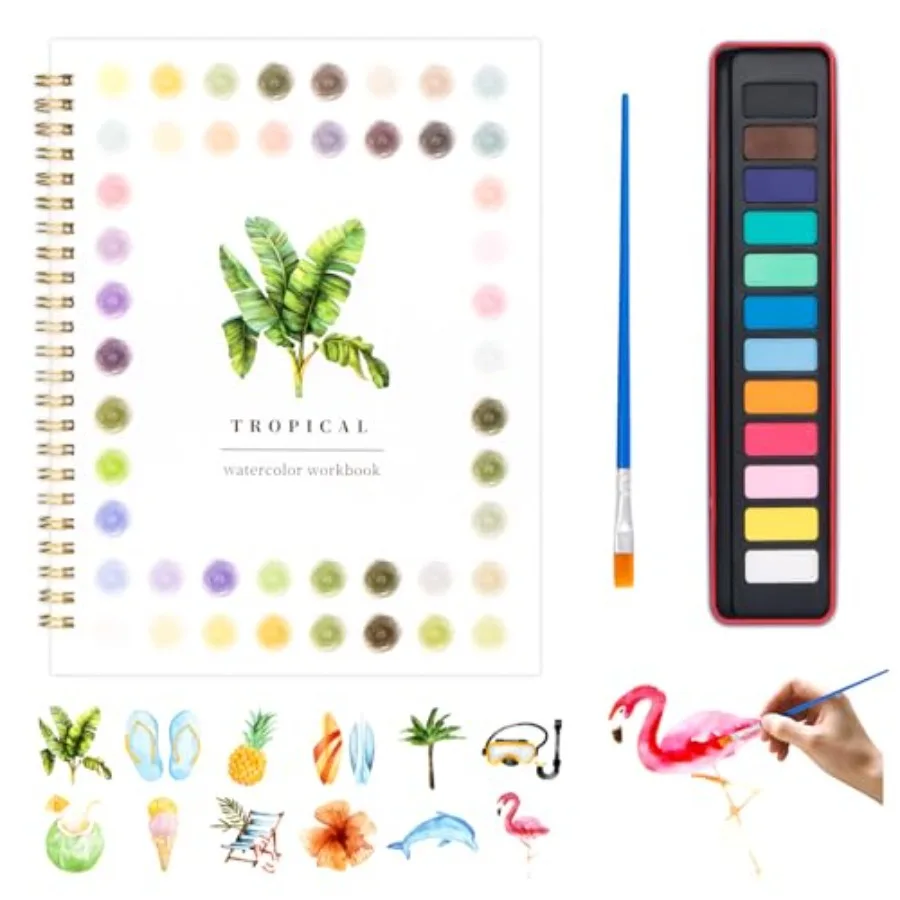 Watercolor Workbook - Watercolor Coloring Book with 1 Workbook 12 Colors Paint Set with Brush, Beginner Friendly Watercolor Wor
