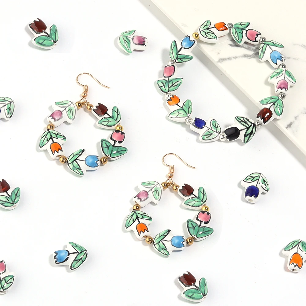 2pcs/lot Tulip Flower Ceramic Beads Multicolor Hand Painted Loose Porcelain  Beads For Jewelry Making DIY Bracelets Accessories