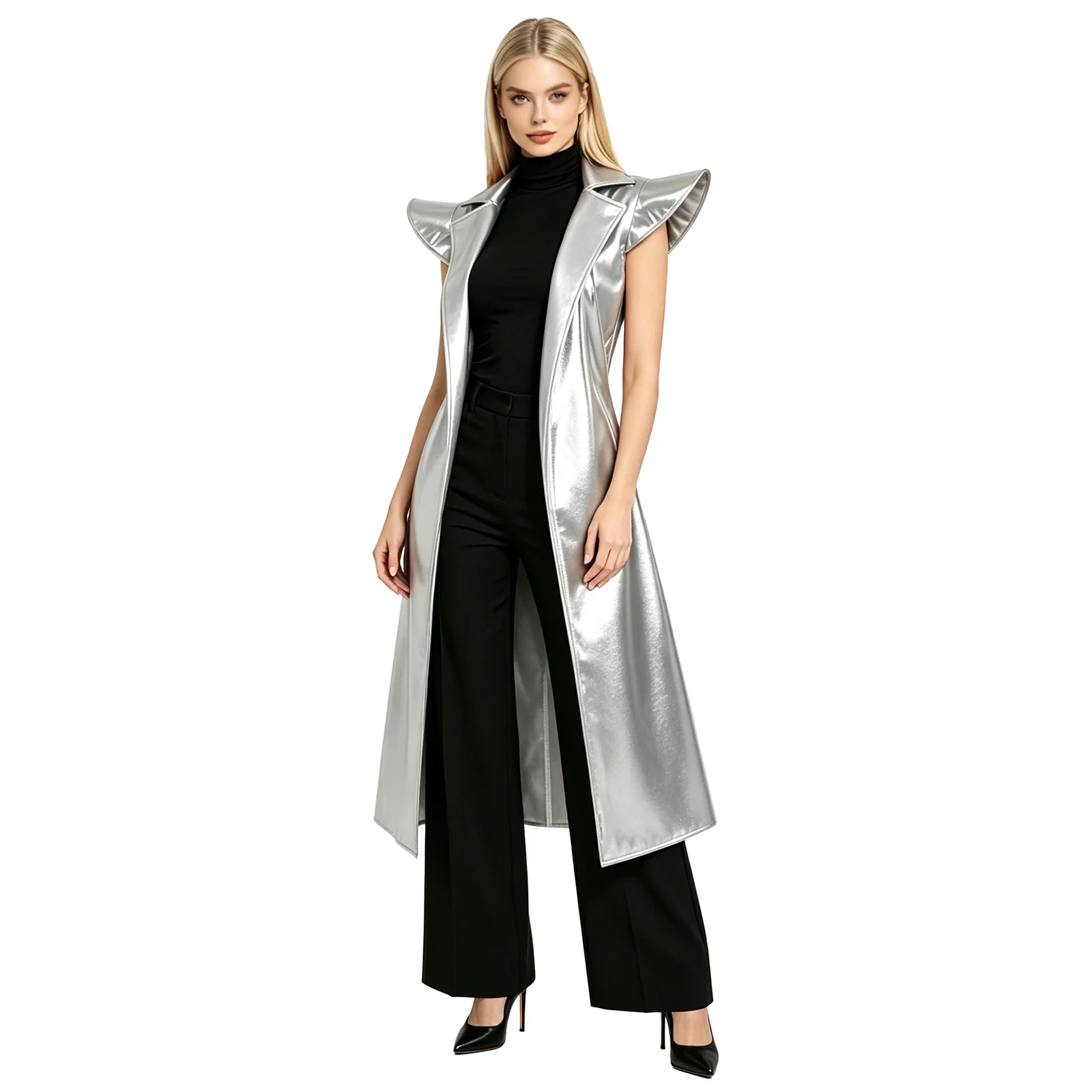 Women's Y2K Metallic Shiny Trench Coat Fly Sleeve Lapel Open Front Belted Long Jacket Overcoat Rock Music Festival Rave Clubwear