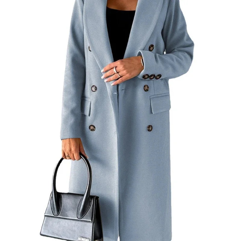 2024 autumn and winter new women\'s clothing long-sleeved lapel solid color double-breasted slim-fit coat coat