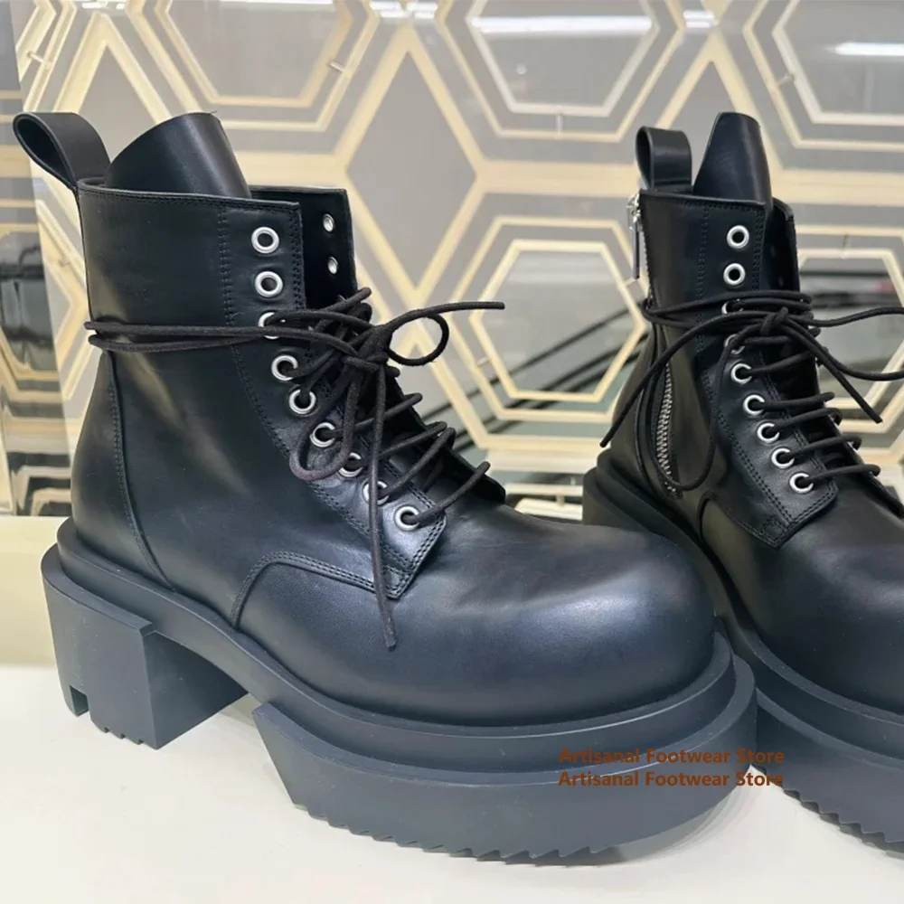High-Top Thick-Soled Boots Men Real Leather Lace-Up Booties British Style Shoes Brand Heightened Males Shoes Men's Booties