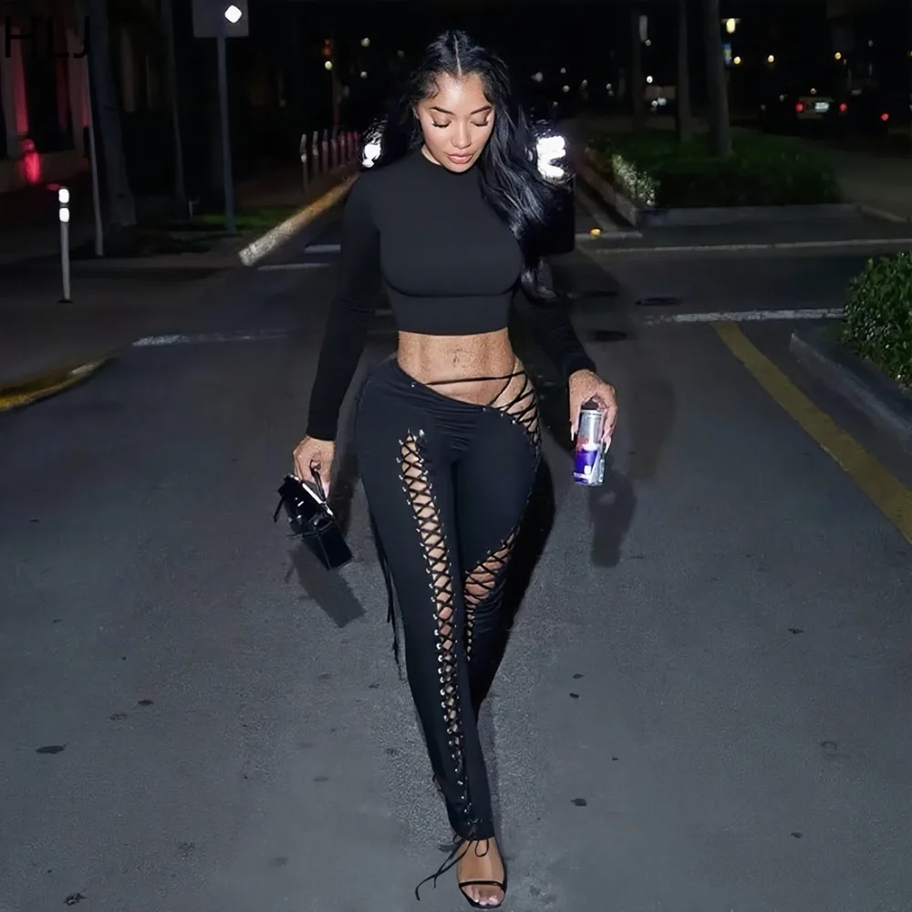HLJ Y2k Fashion Bandage Patchwork Two Piece Outfits Woman Solid Color Long Sleeve Crop Top and Pants Matching Female Streetwear