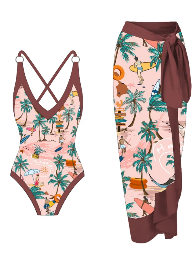 Traje de baño con estampado Floral para mujer, ropa de playa con cuello de pico, tirantes finos, estilo playero