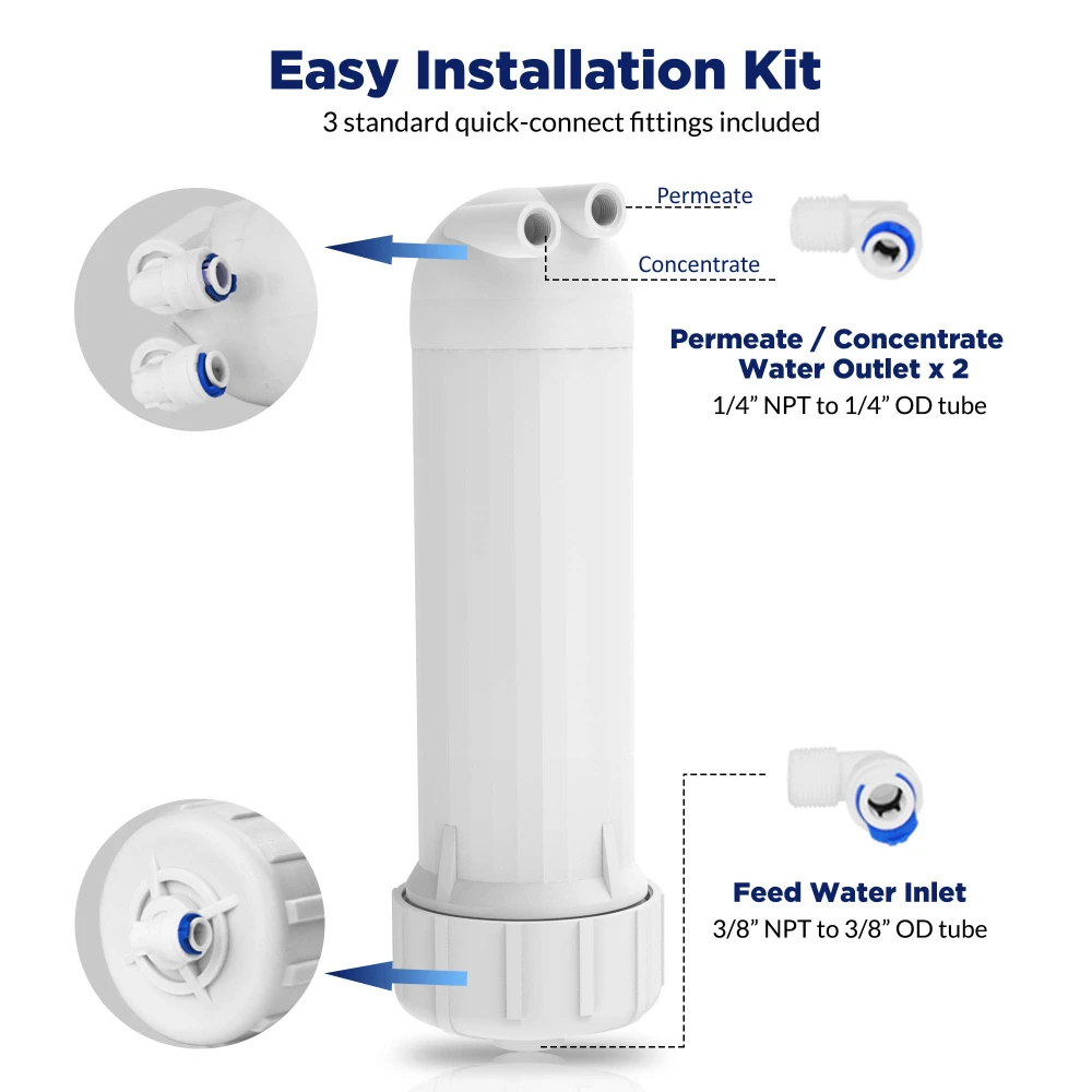 Waternoble Universal Residential Reverse Osmosis Membrane 1812 Housing Kit with Elbow Fittings for Home RO System Replacement