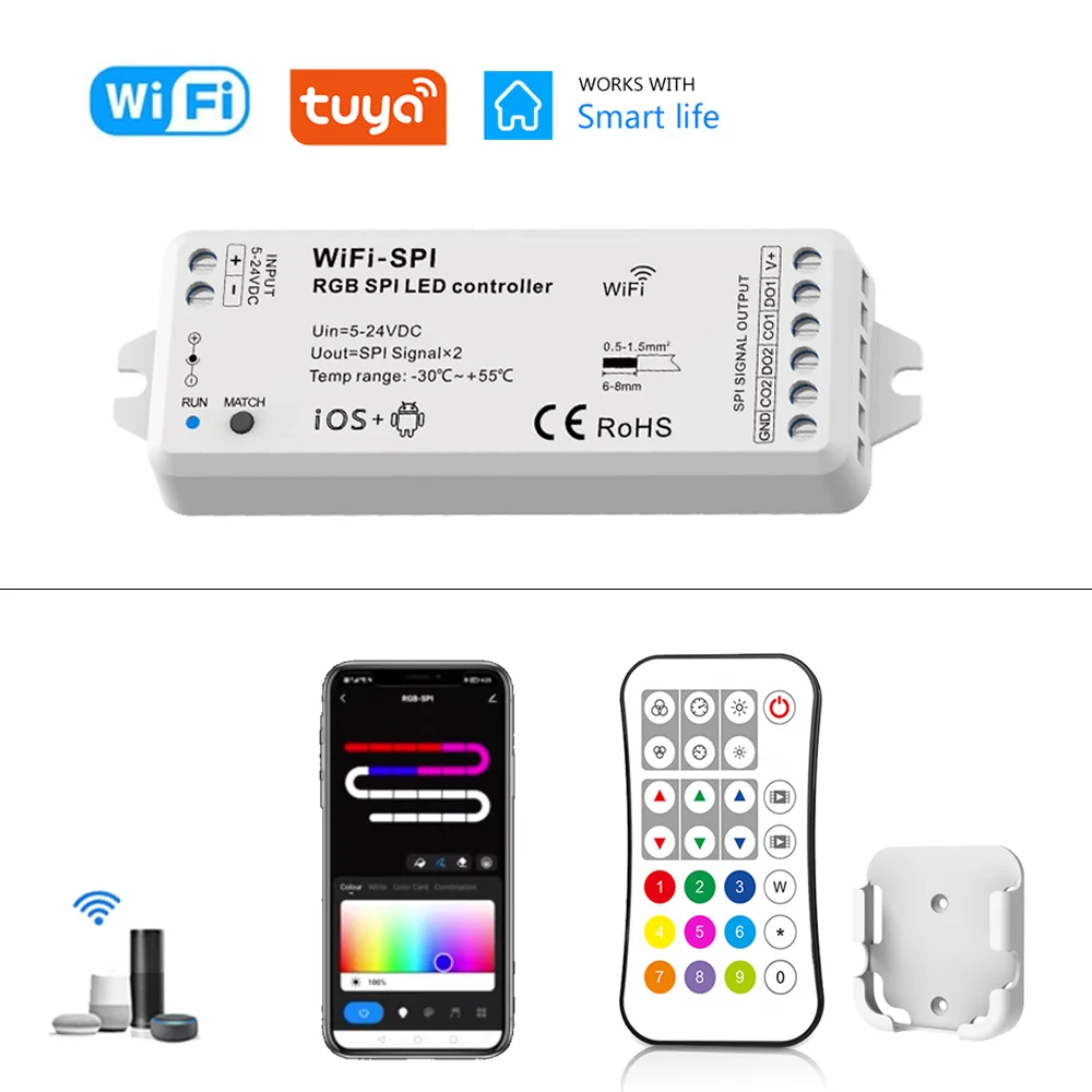 Tuya Smart Life WiFi SPI LED Controller WS2812B WS2811 TM1803 TM1804 Pixel Strip Light DC5-24V APP Voice Control fr Alexa Google