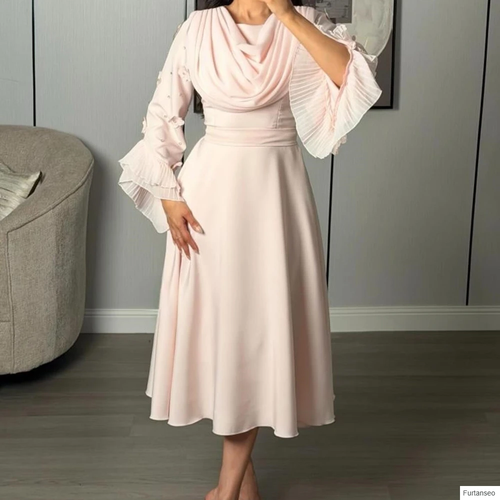 

A-line Women's Evening Dresses Tea-length Scoop-neck Full Sleeve Prom Gown Fashion Flowers Crystal Simple Draped Customized Gown