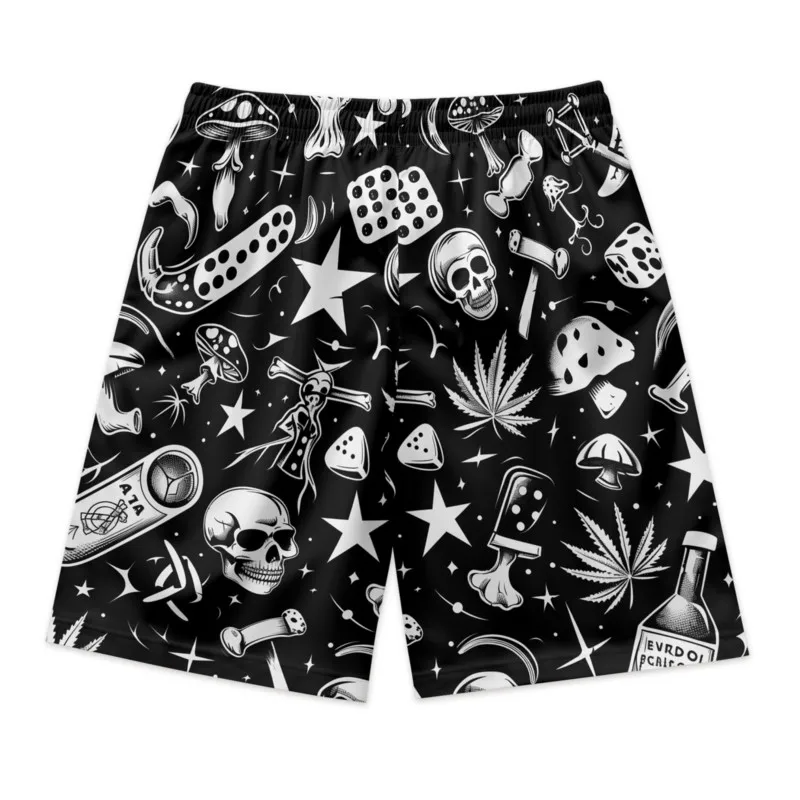 Skull Elements Print Men's Drawstring Waist Shorts Quick Dry Polyester Breathable Beach Shorts Casual Sport Shorts