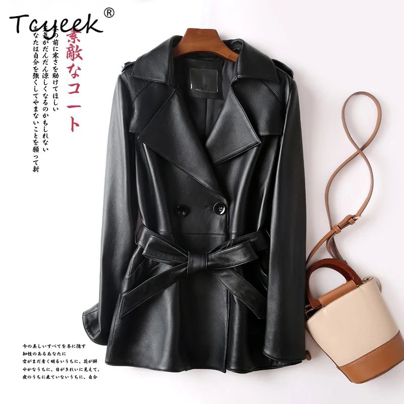 Tcyeek طبقة علوية من جلد الغنم للربيع والخريف بدلة بياقة متوسطة الطول سترة نسائية عصرية من الجلد الطبيعي Жensarska Kostangnya Kursatka