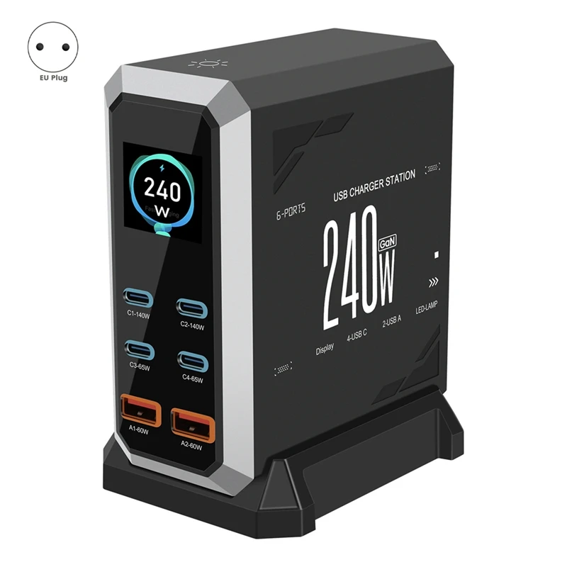 240W Fast USB C GaN Ⅲ Pro Charger Block with Dynamic Display 6 Port Charging Station PD3.1 for Notebook EU-PLUG