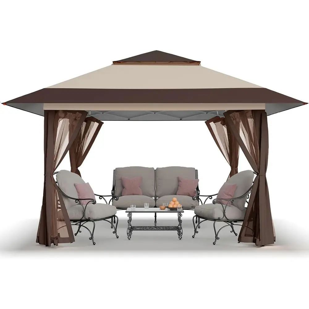 

13x13 Outdoor Gazebo with Wheeled Storage Cover Bag (Beige & Coffee)