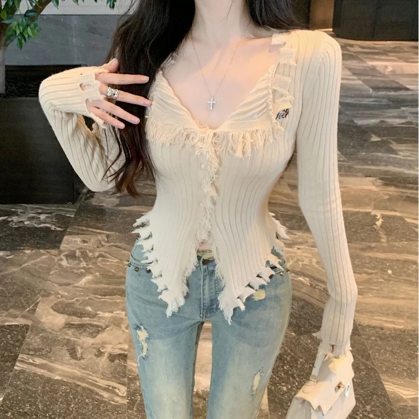 Cardigans Women Tassel Button-up Crop Casual Sweater Pure Sexy Letter Print Gentle V-neck Basic Girls Slim Skin-friendly Ulzzang