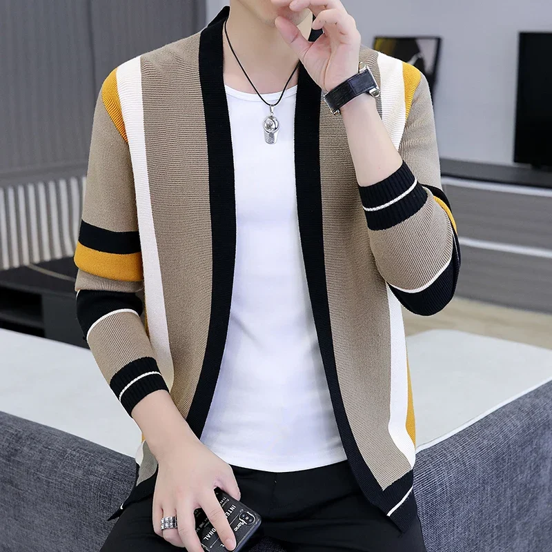 Cardigan de malha manga comprida masculino, suéter listrado, casaco justo, streetwear, jaqueta de moda, primavera, outono