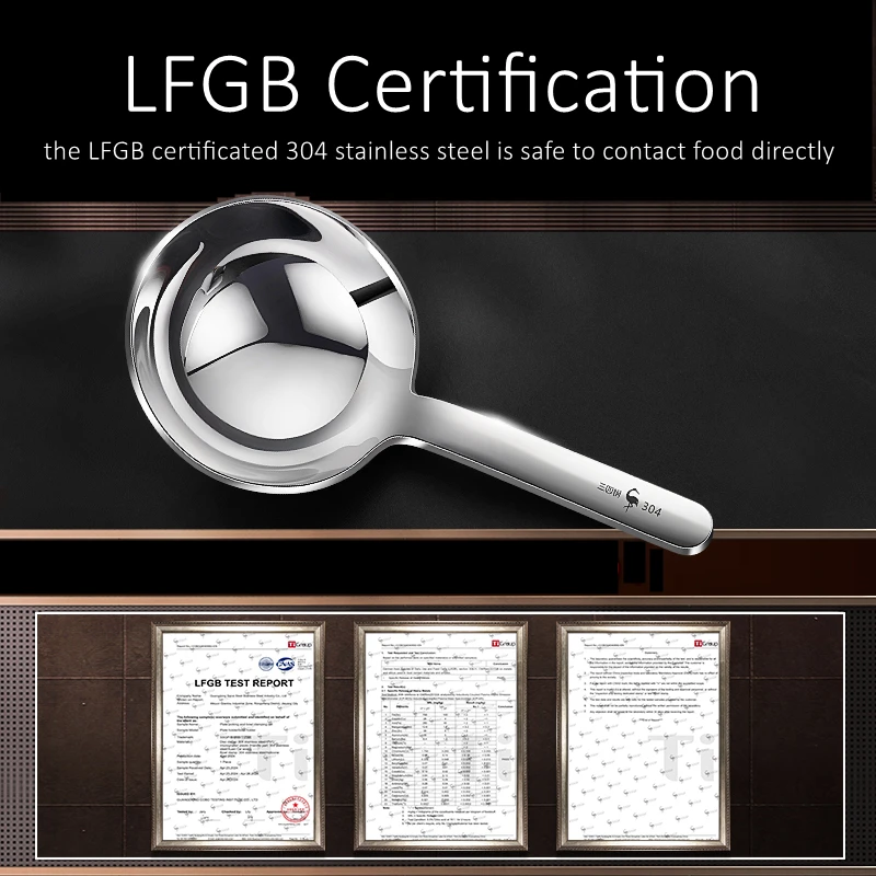 LFGB Certificate 304 Stainless Steel Serving Spoon Soup Scooping Ladle 6mm Thickness 95mm Width Large Capacity Luxury Scoop