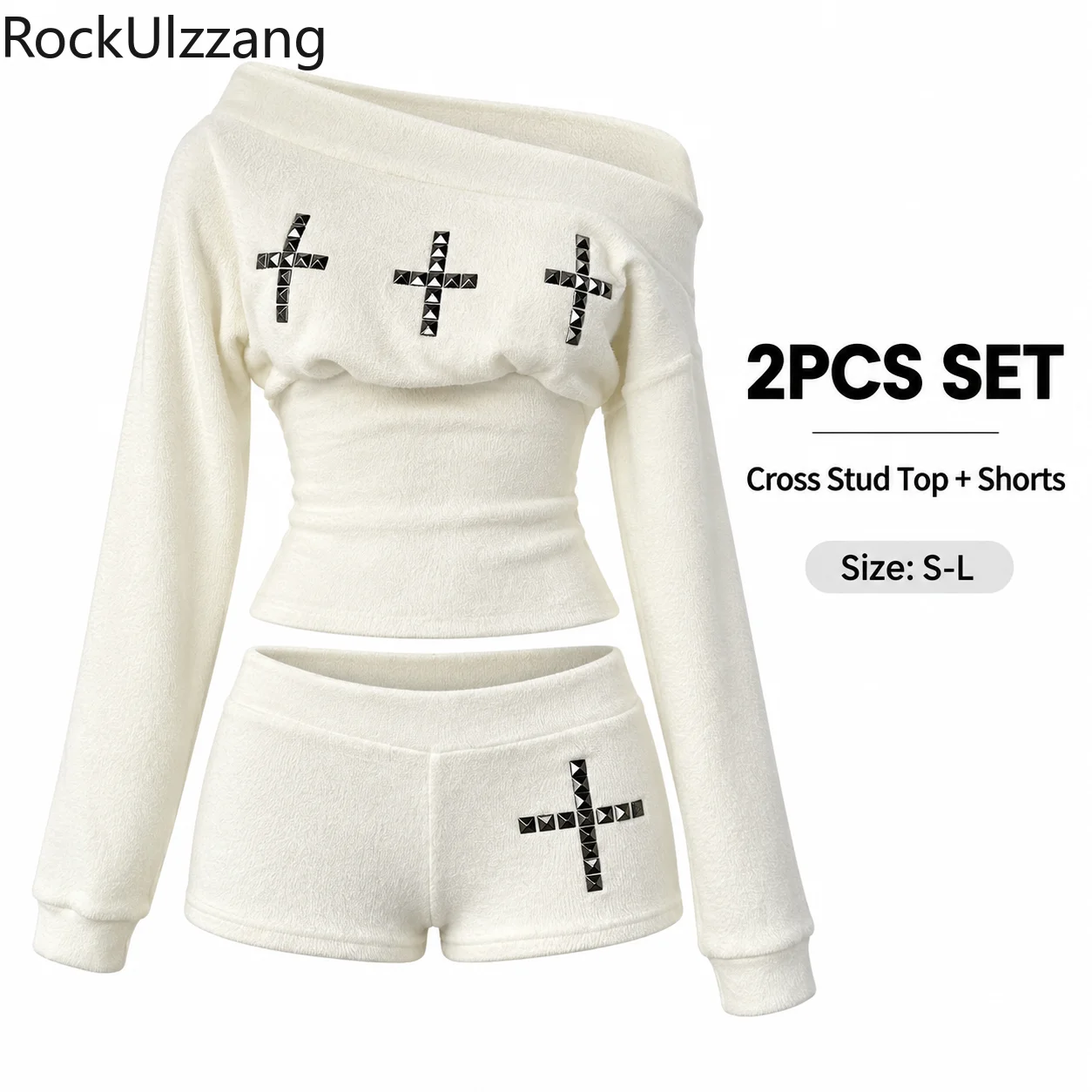Y2K Cross Stud Women 2 Piece Set Off Shoulder Long Sleeve Fuzzy Top Low Rise Shorts Streetwear Top or Shorts Club Outfit Party