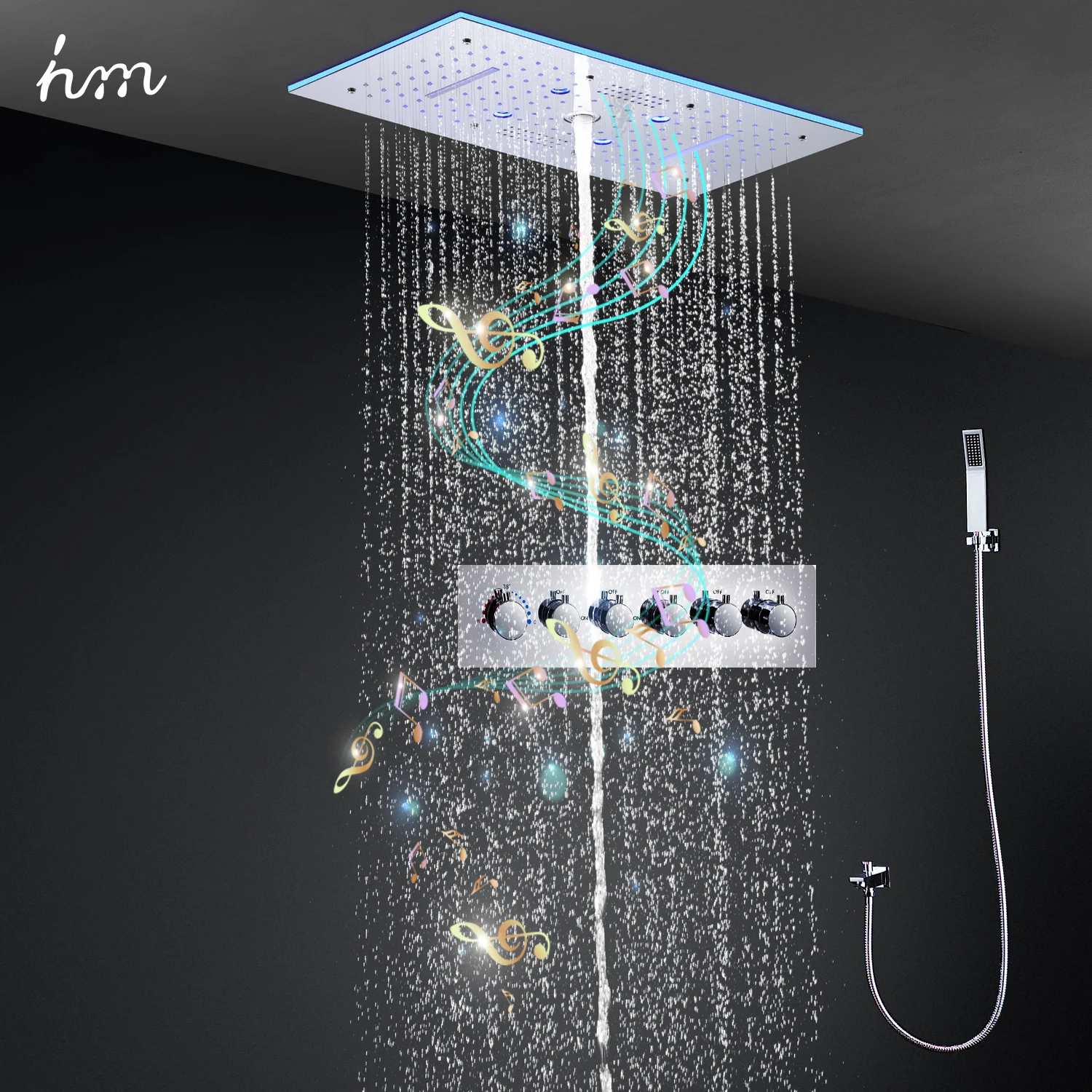 hm 6 Functions Music Shower System Ceiling LED Shower Head Panel Rainfall Misty Waterfall Thermostatic Shower Mixer Diverter Set