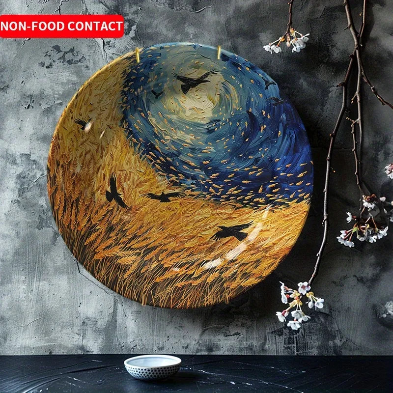 1pc Hand-Painted Ceramic Wall Art Plate - Pastoral Landscape with Flying Birds & Cherry Blossoms, Circular Non-Food Contact