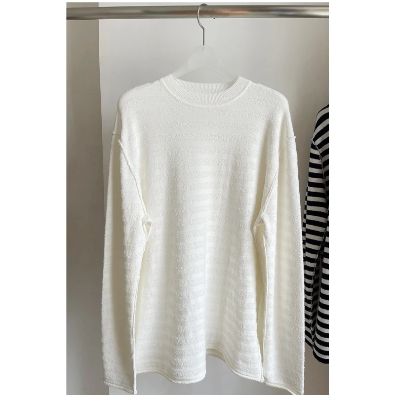 25-letni nowy sweter damski z dzianiny w niebiesko-białe paski, z okrągłym dekoltem i długimi rękawami w stylu Kendou