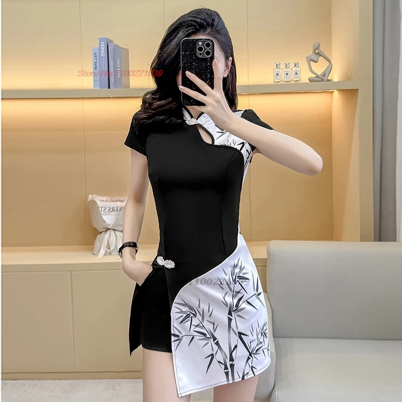 2026 chinese sexy dress cheongsam qipao dress+shorts set bamboo print patchwork dress qipao hotel spa work dress beauty uniform
