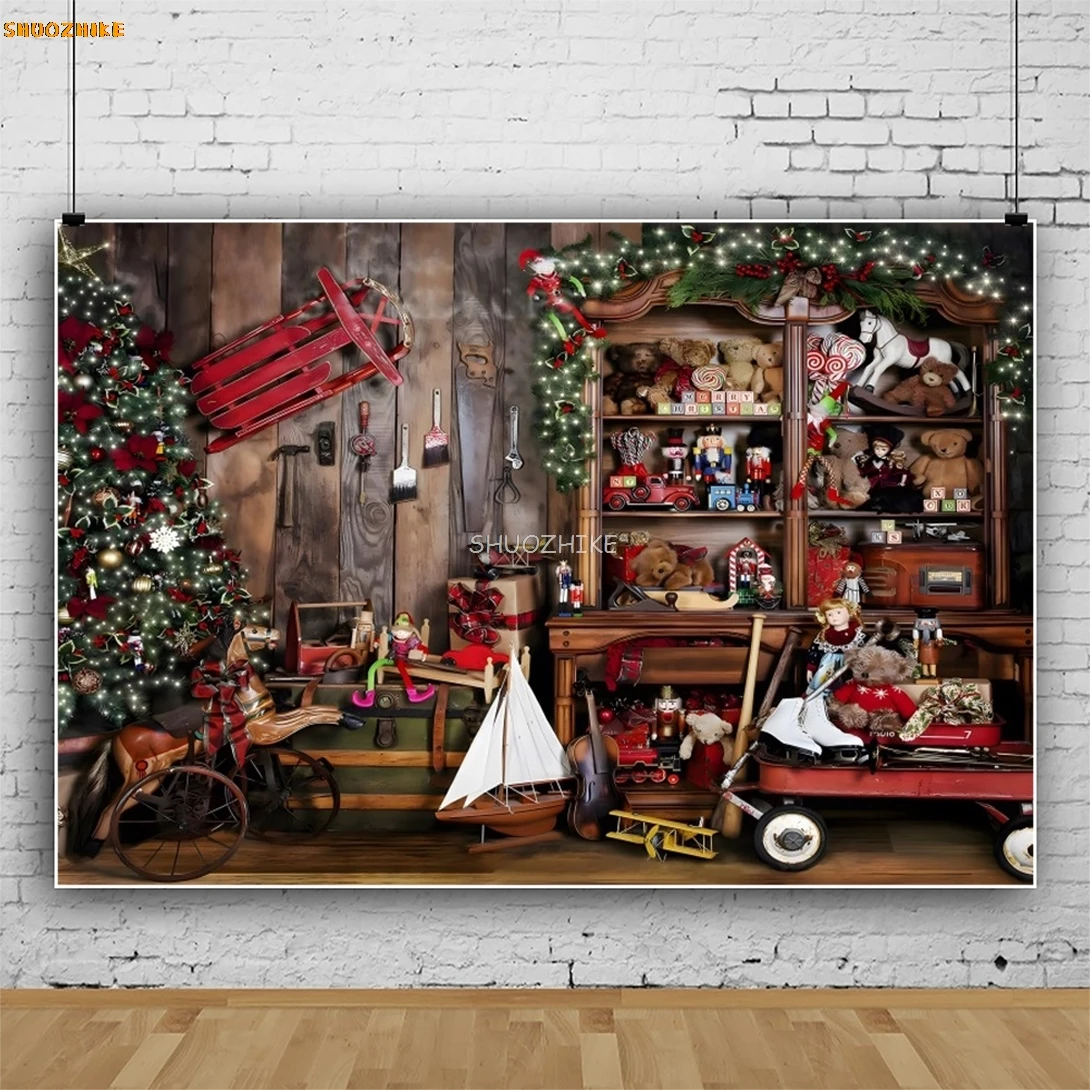 Sfondo fotografico natalizio invernale Albero di Natale Regalo Orso Ritratto per bambini Decorazioni per feste Sfondo fotografico con tavola di legno marrone