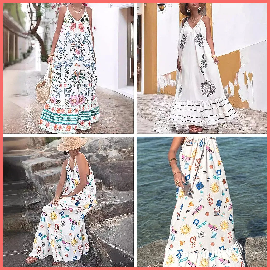 Sexy Backless V-Neck Sleeveless Suspender Print Long Dress for Women, Loose Vacation Maxi Dress Large Size