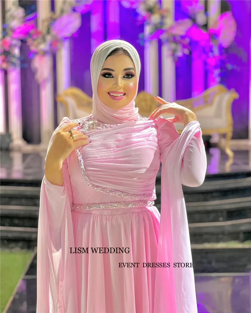 Gaun malam Muslim sifon merah muda putri LISM gaun malam Muslim payet Lengan Panjang berkilau Hijab Formal gaun pesta acara tamu pernikahan