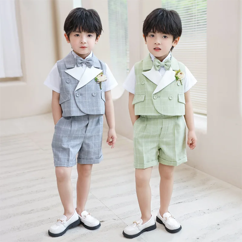 

Children Plaid Suit Summer School Uniform for Boys Suspenders Trousers Birthday Blazer Set Host Piano Performance Costume 8 10 Y