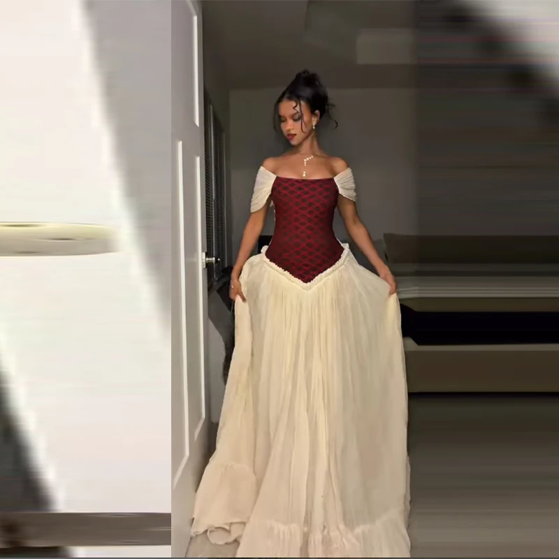 

Patchwork Off Shoulder Maxi Dress For Women Fishbone A Line Spliced Long Robes Lace Up Slim Waist Vestidos 2026 Evening Gowns