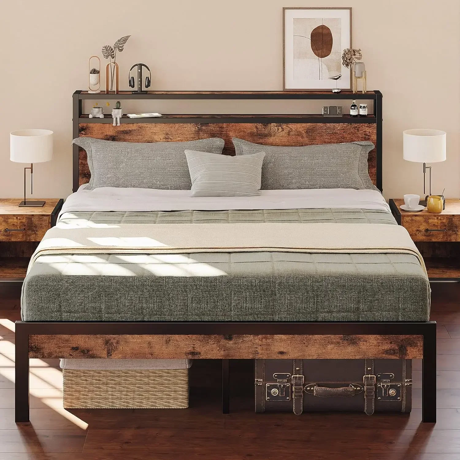 LIKIMIO Queensize bedframe, platformbedframe met opberghoofdeinde met 2 niveaus en sterke steunpoten, steviger