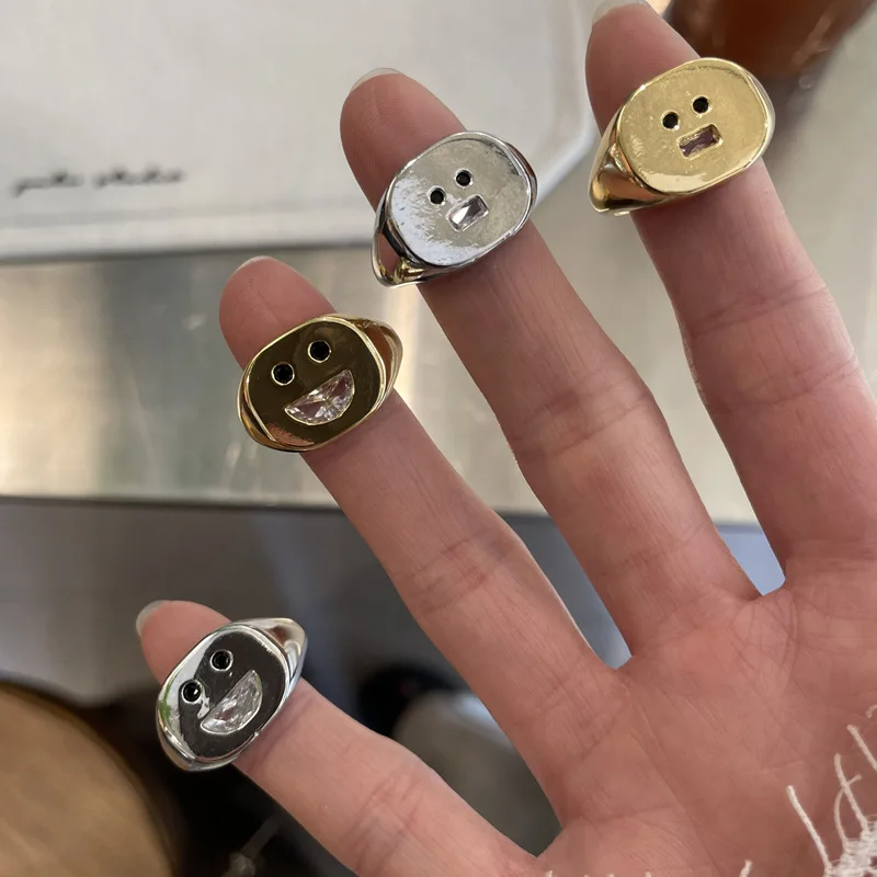 Vintage Cute Silver Color Punk Rock Hiphop Open Smile Face Zircon Inlay Ring for Men Women Handmade Jewelry Unisex Accessories