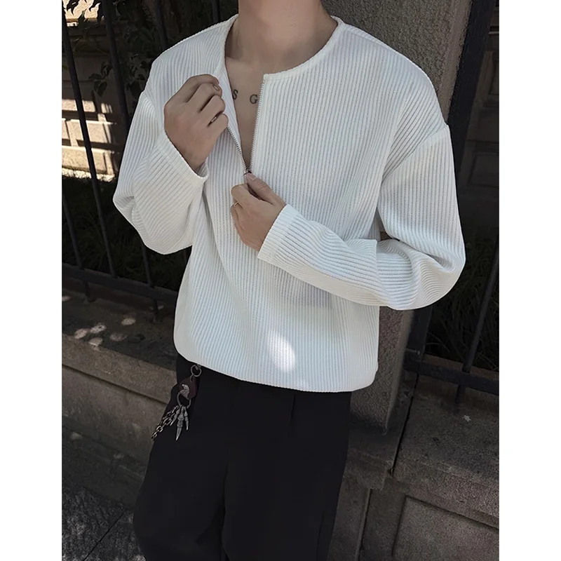 

Spring Autumn Fashion New Quarter Zip Stripe Texture Long Sleeve T Shirt for Men