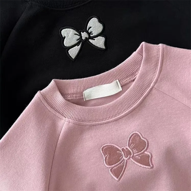 Girls Autumn Clothing Korean Children Clothing Cotton Bow Girls Baby Autumn Set Little Girls O-neck Hoodie Pant Two-piece Set