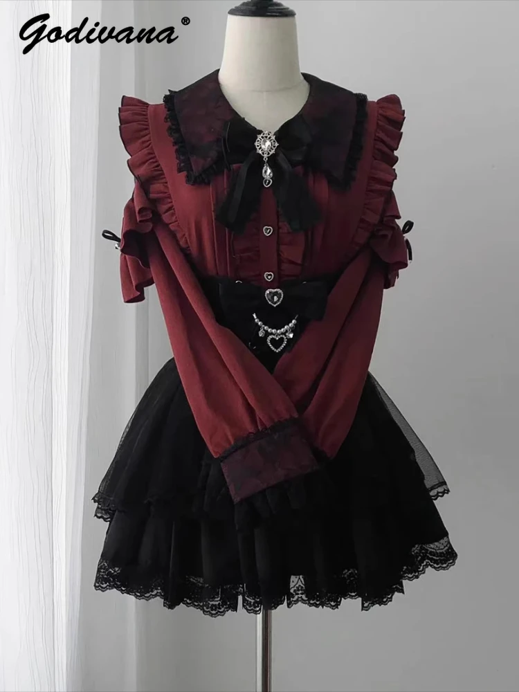 

Original Japanese Subculture Lace Top and Skirt 2 Piece Set New Spring Sweet Girls Long Sleeve Lolita Shirt High Waist Skirt