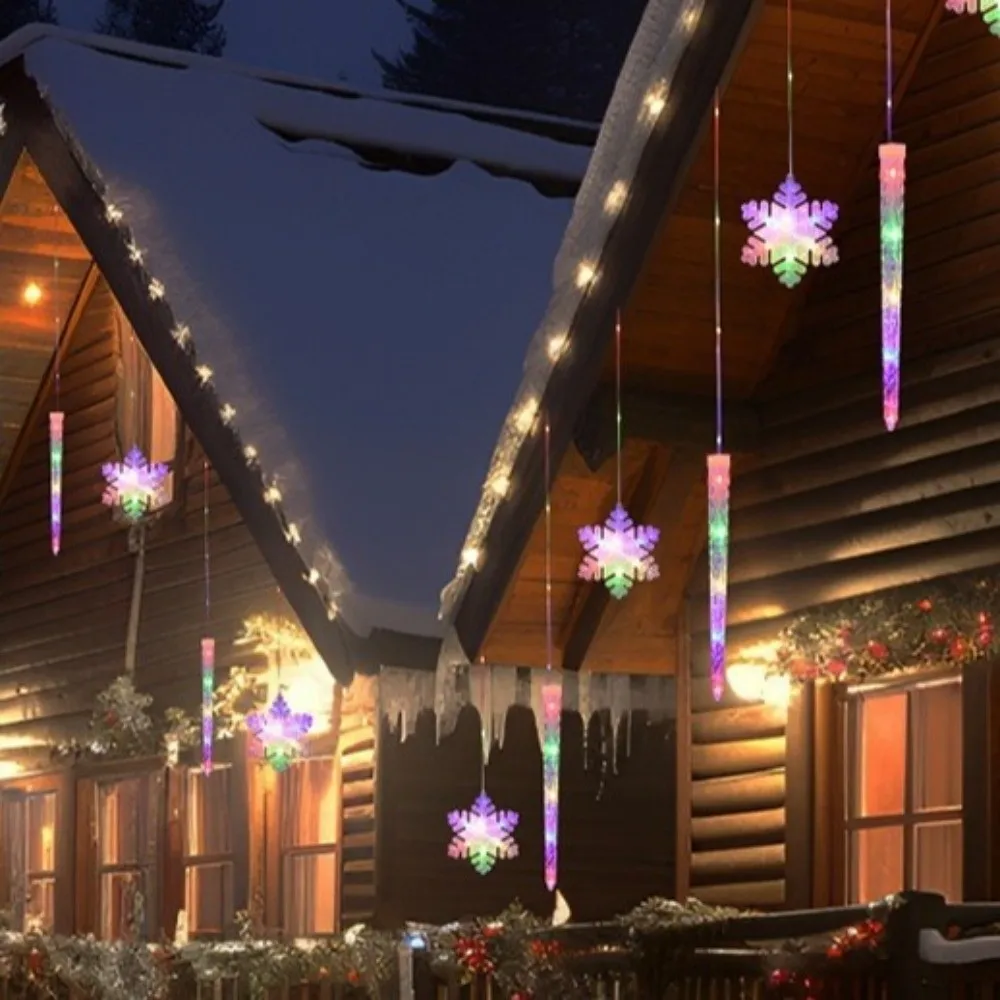 Icicle and Snowflake Shapes Christmas LED Curtain Lights Romantic Waterproof Xmas String Lights 8 Modes Durable Wiring