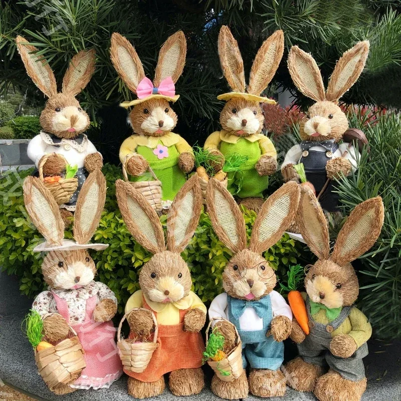 Easter Rabbit Decoration Bunny Figure Cattail Craft Ornament Home Holiday Cute Bunny Home Decoration