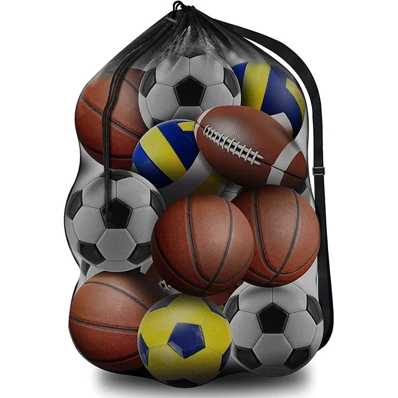 대형 메쉬 볼 가방 보관을위한 Drawstring 가방 축구 농구 배구 훈련 가방 어깨 끈이있는 검은 스포츠 가방