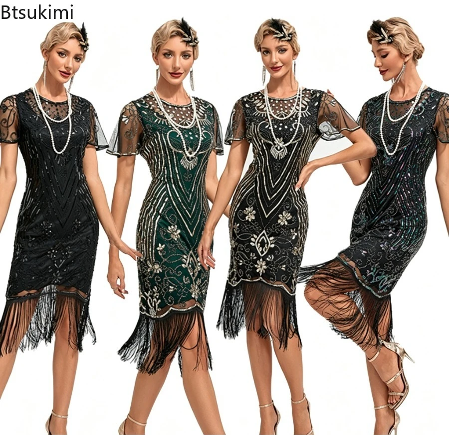 New Women'S 1920s Vintage Embroidered Dress Fringed Sequins O-Neck Beaded Mesh Elegant Dresses Cocktail Party Gown No Accessory