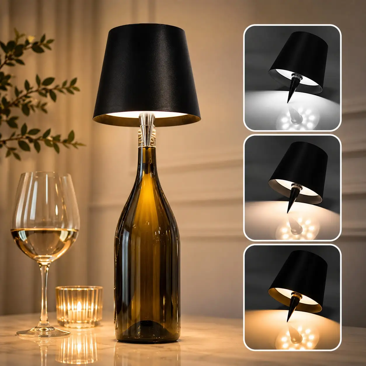 Lámpara LED inalámbrica recargable para botella de vino, con atenuación táctil, 3 modos de color, tapón de botella inalámbrico, luz nocturna decorativa para bar, restaurante, dormitorio, sala de estar