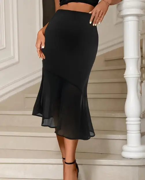 Herfst en winter 2025, dames effen kleur mesh gewikkeld heuprok, nieuwe elastische taille, afslankende elegante stijl vissenstaartrok