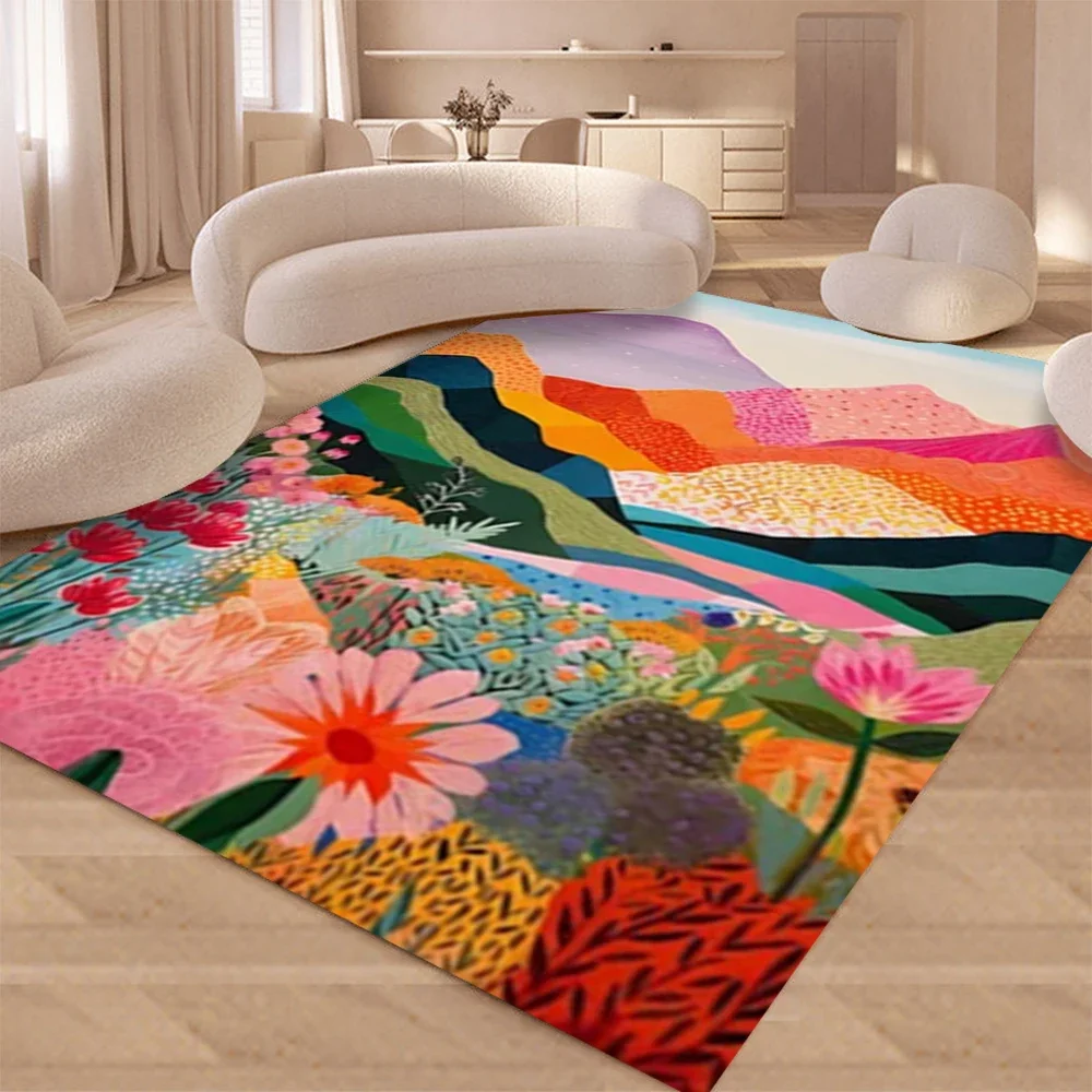 

Colorful Abstract Watercolor Carpet Art Wildflower Pictures Aesthetic Landscape Rug Mountain Print Rugs for Home Decor Floor Mat