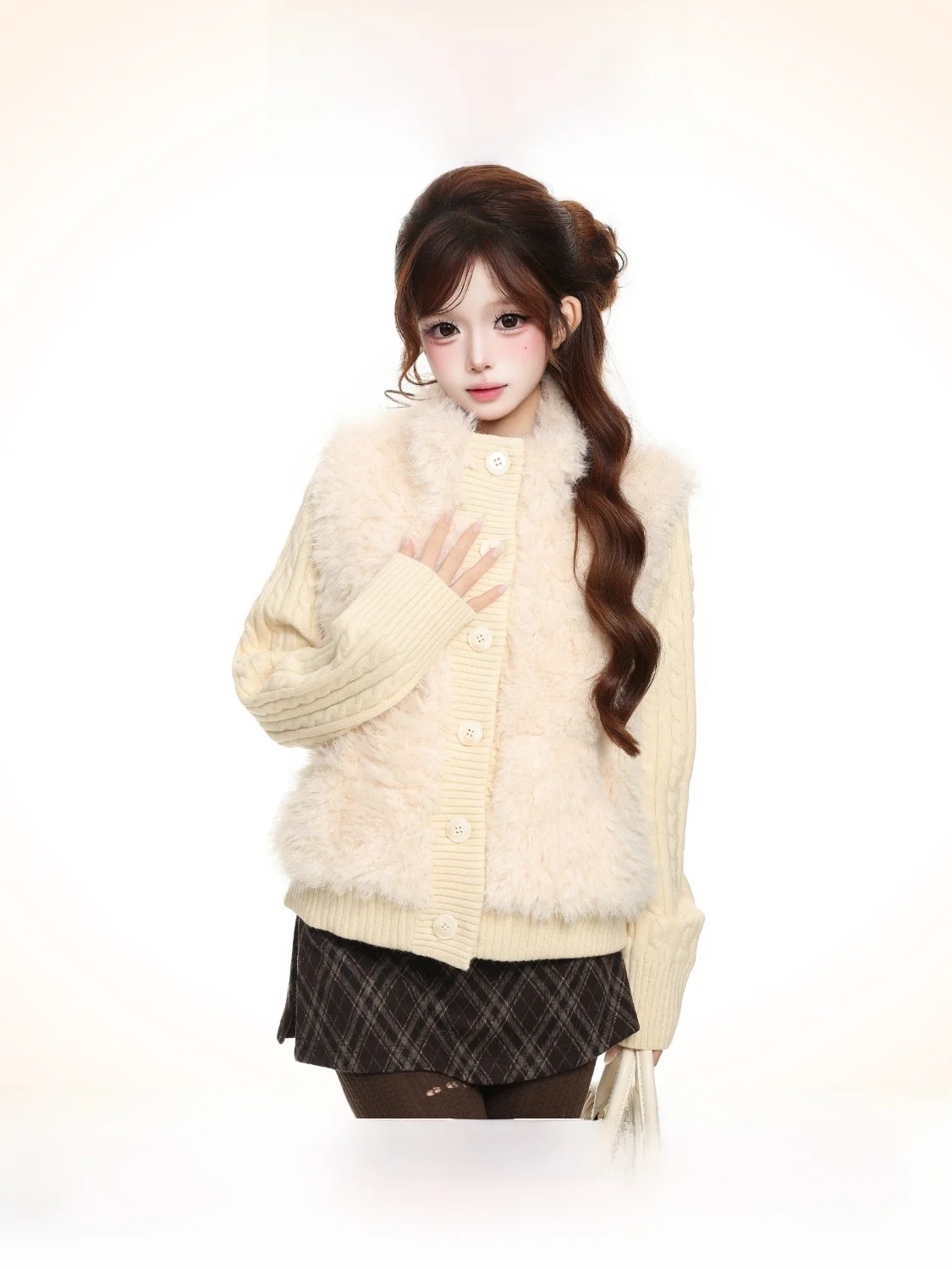 BASTERDS Korean Style Stand Collar Knitted Splicing Eco-Friendly Fur Coat Women's Autumn Winter Fake Two-Piece Warm Fluffy Top