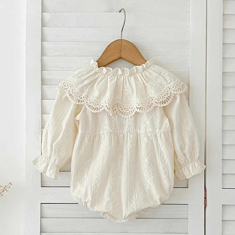 0-2Yrs Fashion Clothes Baby Romper Newborn Bodysuit Lace Peter Pan Collar Princess Bow Romper Long Sleeves Infant Girl Jumpsuit