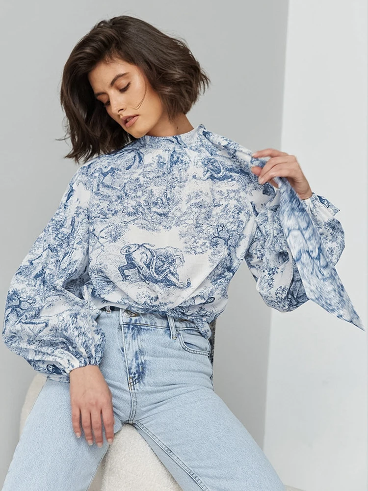 Blue Elegant Printing Blouses And Tops Lantern Sleeves Women Autumn 2024 Lace-Up Tie Chic Print Pullover Tops Office Shirt