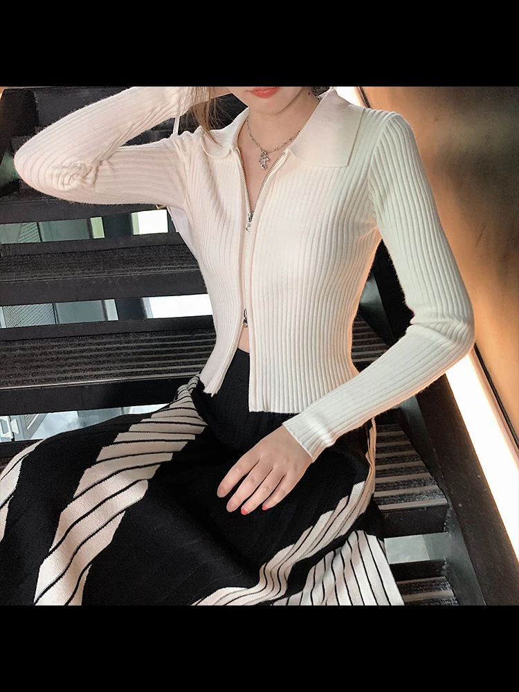 

Slim Fit ort Knitted Cardigan Women's Sle Bla White Striped Zipper Front Long Sve Turn-down Collar Outerwear Top