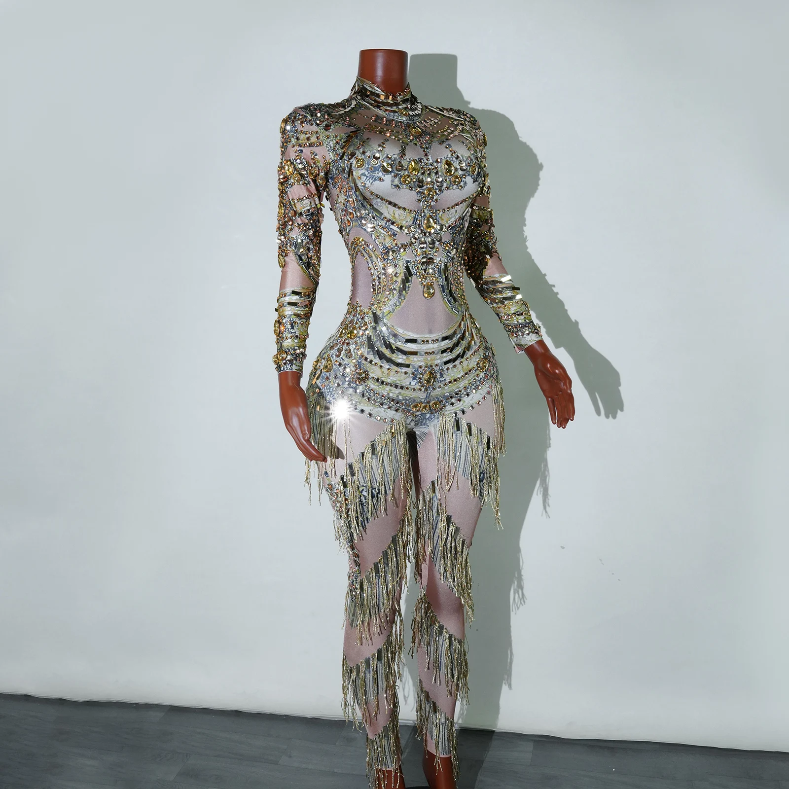 Роскошный комбинезон со стразами и длинными рукавами, женский комбинезон с блестками и бахромой, кристаллы, день рождения, танцовщица, сценические костюмы Drag Queen, костюмы для выступлений