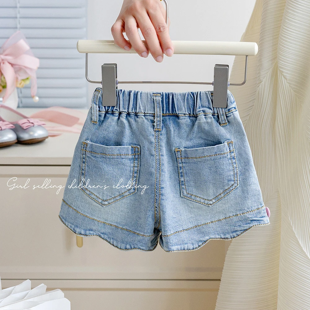 Children Girls Denim Shorts 2024 New Summer Love Heart Design Hot Pants Casual Korean Style Kids Girl Short Jeans Blue Shorts