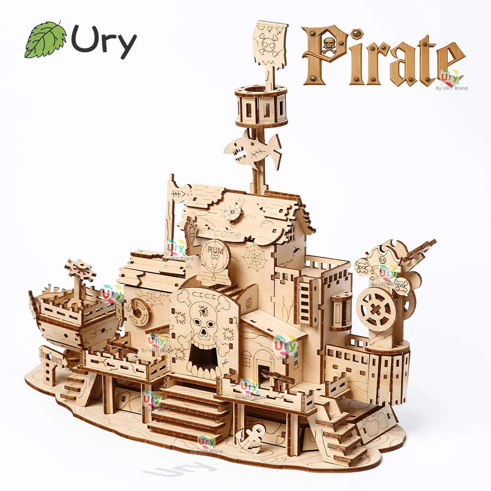 Ury DIY 3D Wooden Puzzle Retro Style Pirate Harbor Dock Tavern Model Toys Handmade Set Home Decoration Christmas Gift