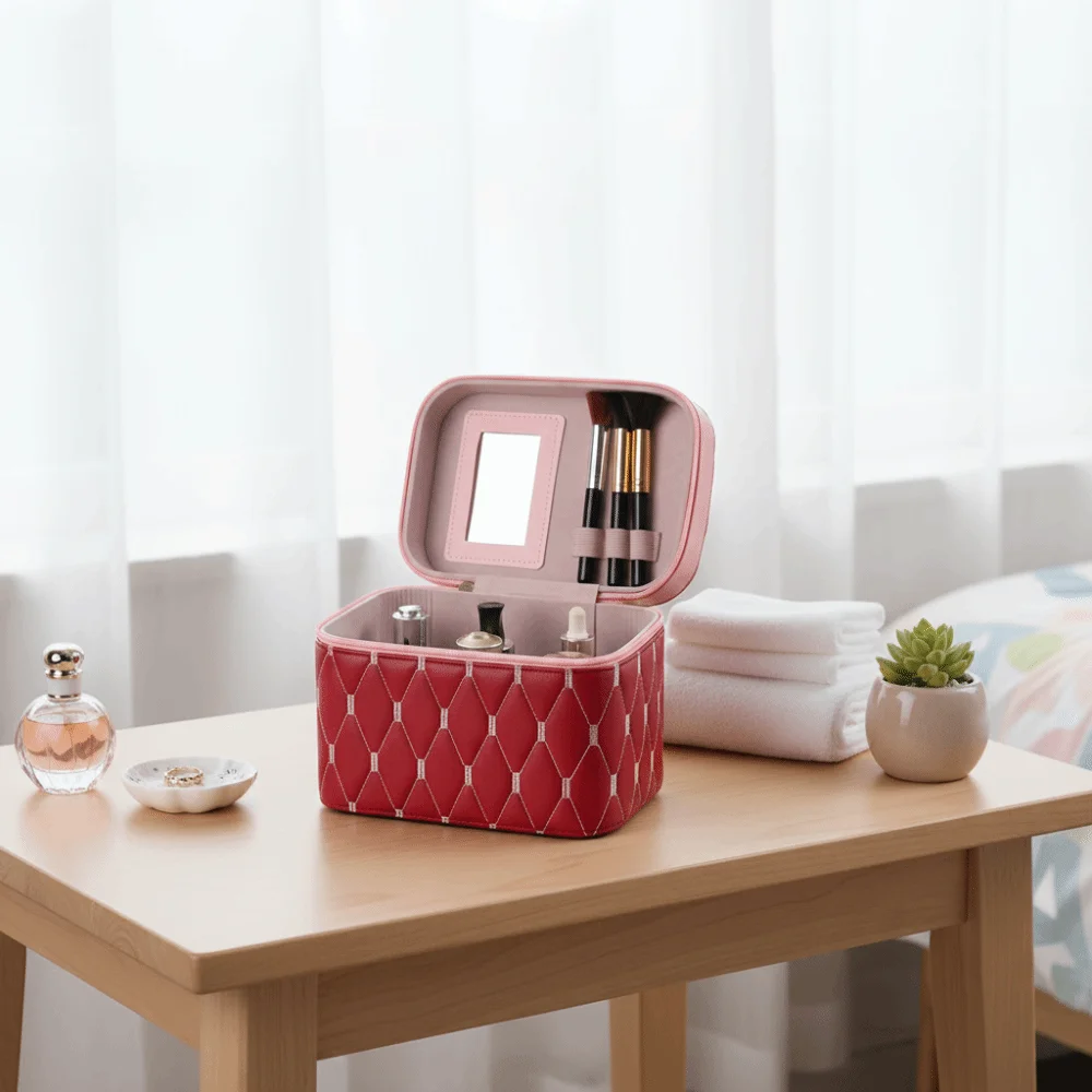 حقيبة مستحضرات التجميل المصنوعة من جلد البولي يوريثان بسعة كبيرة صندوق تخزين مستحضرات التجميل المقاوم للماء مع مرآة مضادة للسحق حقيبة مكياج للنساء
