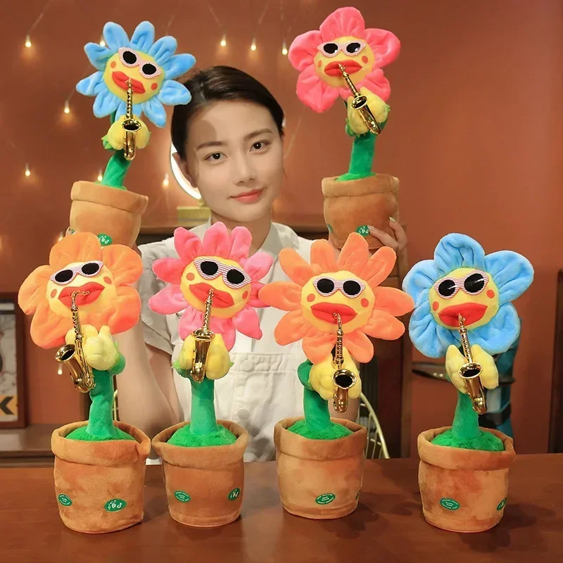 Christmas Elk Interactive Repeat Sing And Dance Cactus Sun Flower Plush Toy Simulation Sunflower Dance Play Saxophone Decor Gift